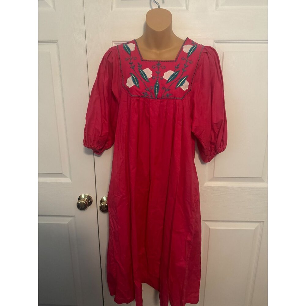 Vintage Naqui Embroidered Pink Muu Muu Dress with Pockets M
